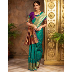 Generic Women's Silk Blend Zari Weaving Saree With Unstitched Blouse 5.5Mtr (Teal)