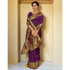 Generic Women's Silk Blend Zari Weaving Saree With Unstitched Blouse 5.5Mtr (Purple)