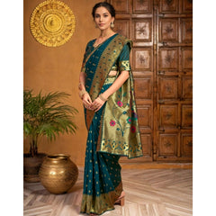 Generic Women's Silk Blend Zari Weaving Saree With Unstitched Blouse 5.5Mtr (Teal)