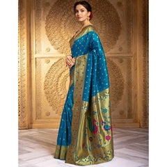 Generic Women's Silk Blend Zari Weaving Saree With Unstitched Blouse 5.5Mtr (Turquoise)