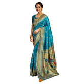 Generic Women's Silk Blend Zari Weaving Saree With Unstitched Blouse 5.5Mtr (Turquoise)