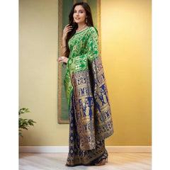 Generic Women's Silk Blend Zari Weaving Saree With Unstitched Blouse 5.5Mtr (Green)