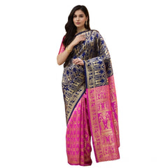 Generic Women's Silk Blend Zari Weaving Saree With Unstitched Blouse 5.5Mtr (Navy)