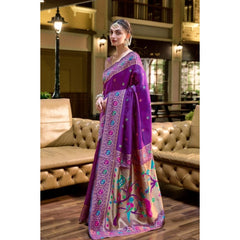 Generic Women's Silk Blend Paithani Weaving Saree With Unstitched Blouse 5.5Mtr (Purple)