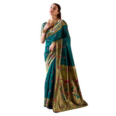 Generic Women's Silk Blend Zari Woven Saree With Unstitched Blouse 5.5Mtr (Teal)