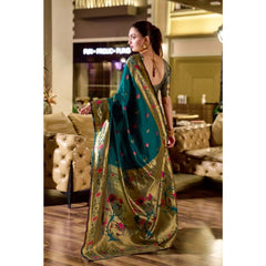 Generic Women's Silk Blend Zari Woven Saree With Unstitched Blouse 5.5Mtr (Teal)