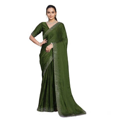 Generic Women's Rangoli Diamond Weaving - Stone Work Saree With Unstitched Blouse 5.5Mtr (Mahendi)