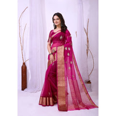 Generic Women's Organza jacquard Embellished Saree With Unstitched Blouse 5.5Mtr (Pink)