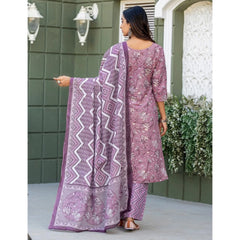 Generic Women's Cotton Blend Printed Kurti With Pant Dupatta Set (Lavender)