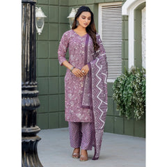 Generic Women's Cotton Blend Printed Kurti With Pant Dupatta Set (Lavender)
