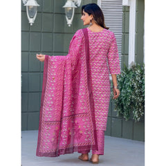 Generic Women's Cotton Blend Printed Kurti With Pant Dupatta Set (Pink)