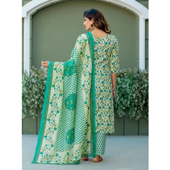 Generic Women's Cotton Blend Printed Kurti With Pant Dupatta Set (Pista)