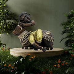 Ganesha on Nandi Cow Figurine Bronze and Gold Finish, Handmade Hindu Idol, Religious Idol