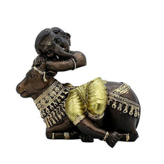 Ganesha on Nandi Cow Figurine Bronze and Gold Finish, Handmade Hindu Idol, Religious Idol