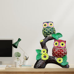 Owl Garden Figurine, 8 Inch Height, Tree Branch Design with Sunflowers, Green and Red,Handmade Animal Figurines for Home Decor