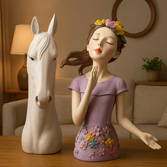 Decorative Girl & Horse Bust Statue Set
