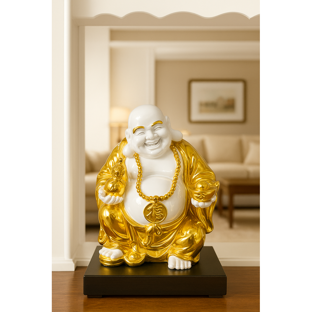 Gold and white Buddha statue on a black base in a room with a couch and lamp.