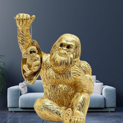 Golden Female Monkey Sitting with Baby Sculpture