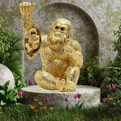 Golden Female Monkey Sitting with Baby Sculpture