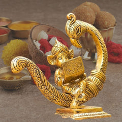 Sitting Baby Ganesh Idol Statue On Peacock with Book for Puja Ganesha Vastu Showpiece (15X7X15.5 cm, Gold), Medium