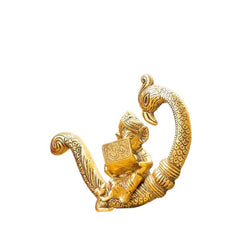 Sitting Baby Ganesh Idol Statue On Peacock with Book for Puja Ganesha Vastu Showpiece (15X7X15.5 cm, Gold), Medium