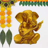 Decorative Ganesha Statue with Musical Veena, Gold Finish, 6 x 6 Inch