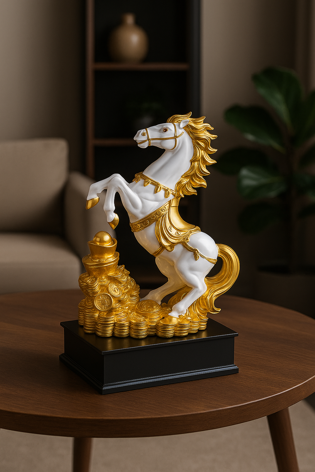 Luxury White & Gold Horse Statue | Feng Shui Victory & Wealth Showpiece | Elegant Home & Office Décor