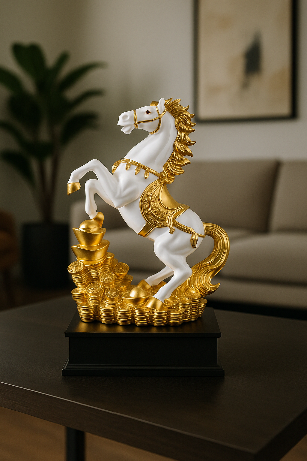 Luxury White & Gold Horse Statue | Feng Shui Victory & Wealth Showpiece | Elegant Home & Office Décor