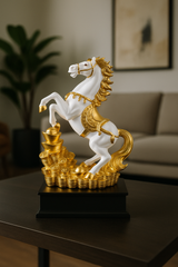 Luxury White & Gold Horse Statue | Feng Shui Victory & Wealth Showpiece | Elegant Home & Office Décor