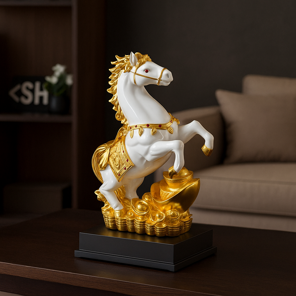 Luxury White & Gold Horse Statue | Feng Shui Victory & Wealth Showpiece | Elegant Home & Office Décor