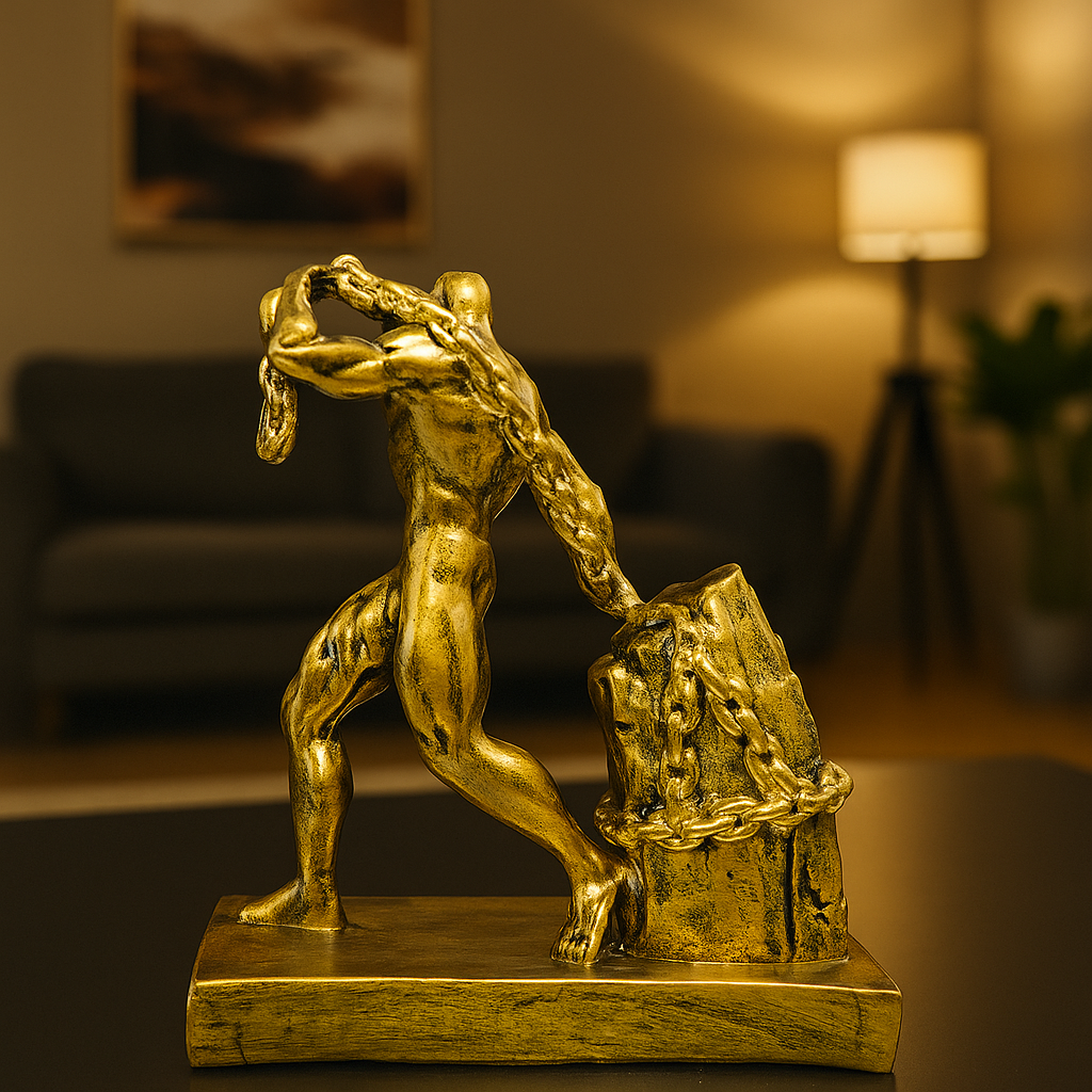 Golden Muscle Man Pulling Chain Decor Statue