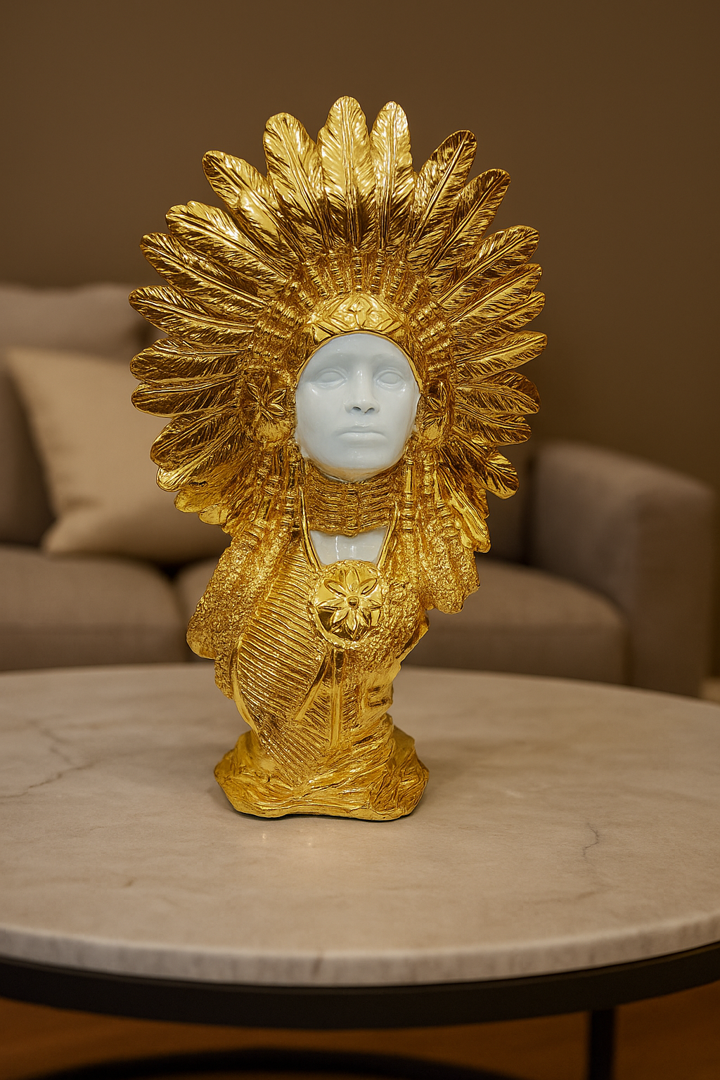 Golden Tribal Headdress Face Statue