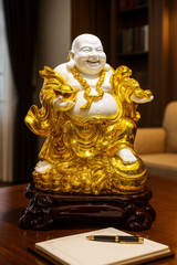 Laughing Buddha Statue for Home | White Gold Polyresin Feng Shui Idol | Wealth & Happiness Showpiece
