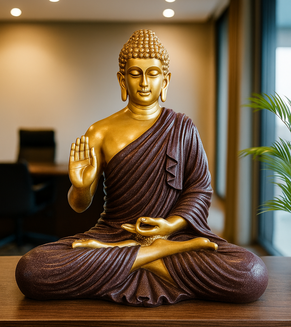 Gold and brown Buddha statue on a wooden surface with a blurred indoor background