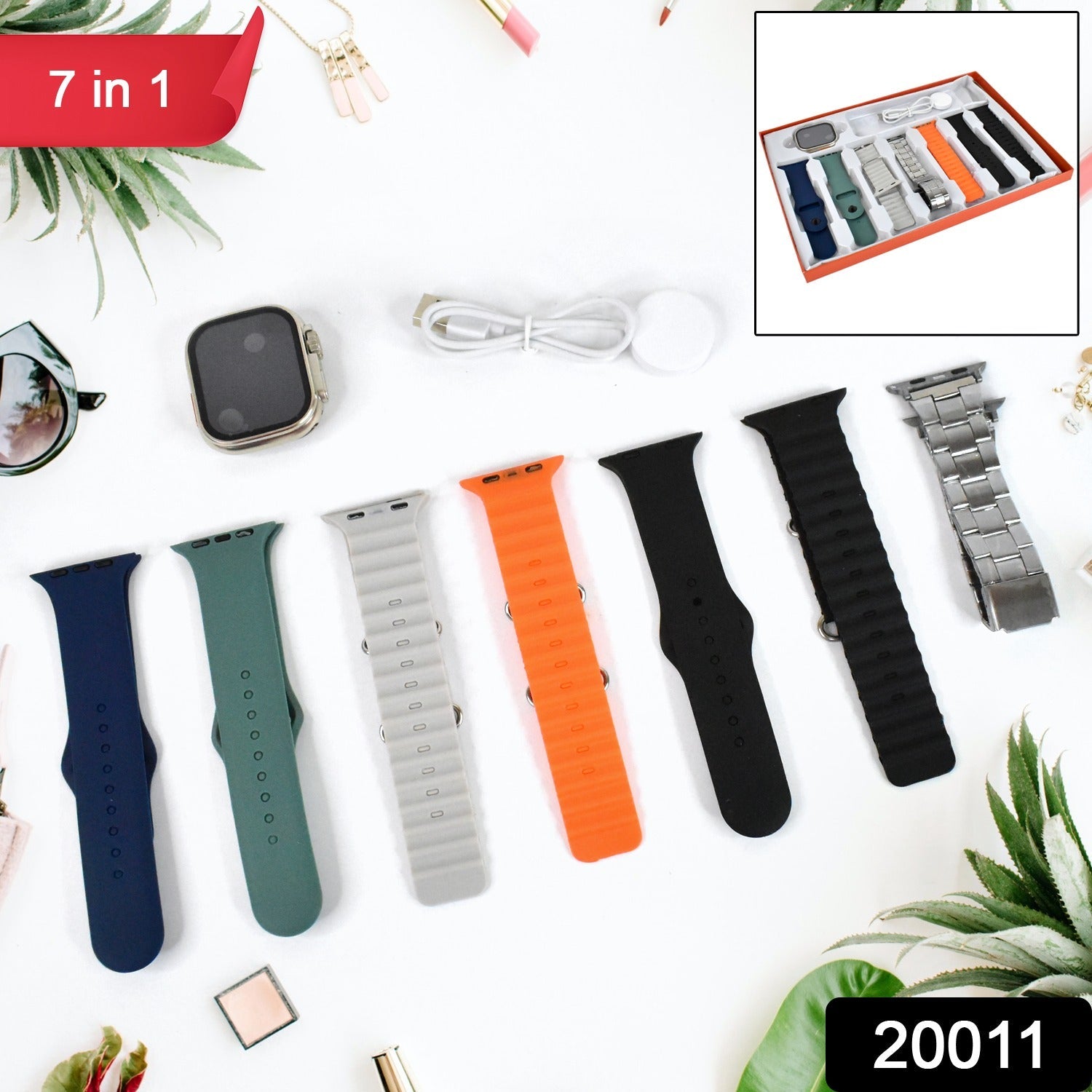 7 in 1 Ultra Smart watch Combo with Seven Classic Straps & Transparent Screen Guard (1 Set / Mix Color)
