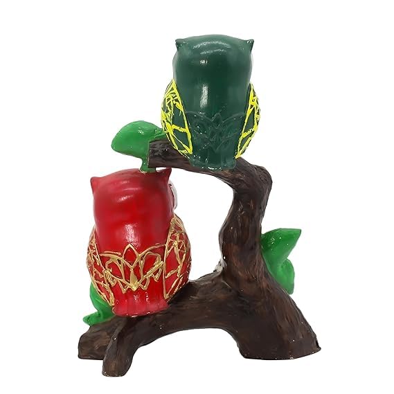 Owl Garden Figurine, 8 Inch Height, Tree Branch Design with Sunflowers, Green and Red,Handmade Animal Figurines for Home Decor