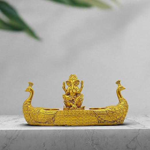 )Ganesha Peacock Candle Holder  Gold Plated Metal, Handmade Hindu Idol, Spiritual Home Decor, Festive Gift Item