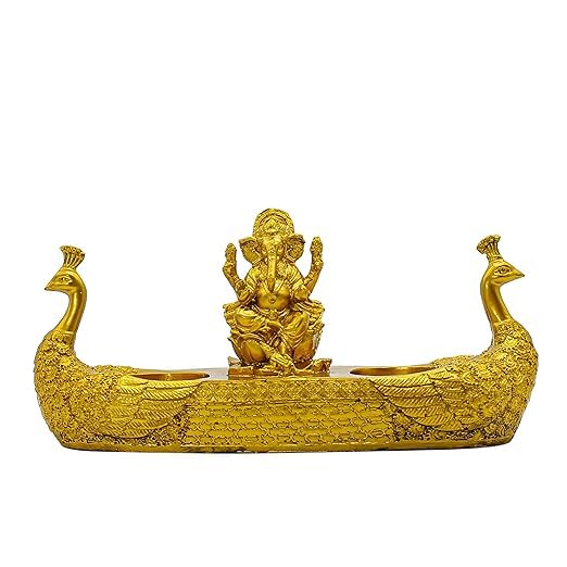 )Ganesha Peacock Candle Holder  Gold Plated Metal, Handmade Hindu Idol, Spiritual Home Decor, Festive Gift Item