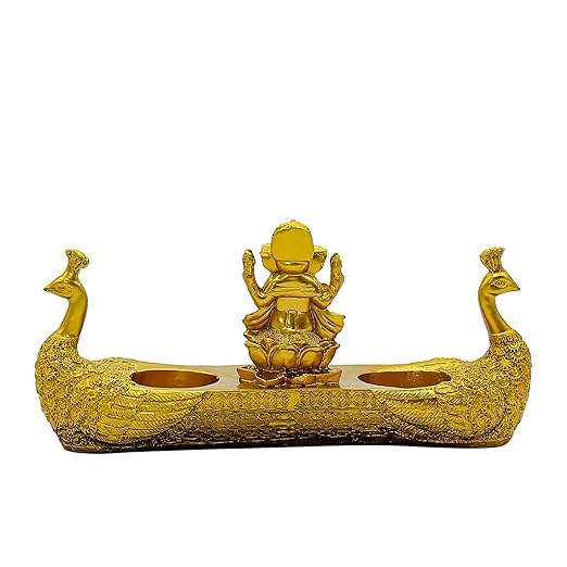 )Ganesha Peacock Candle Holder  Gold Plated Metal, Handmade Hindu Idol, Spiritual Home Decor, Festive Gift Item
