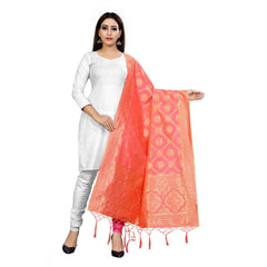 Generic Women's Banarasi Silk Floral Printed Dupatta (Peach, Length:2-2.4 mtr)