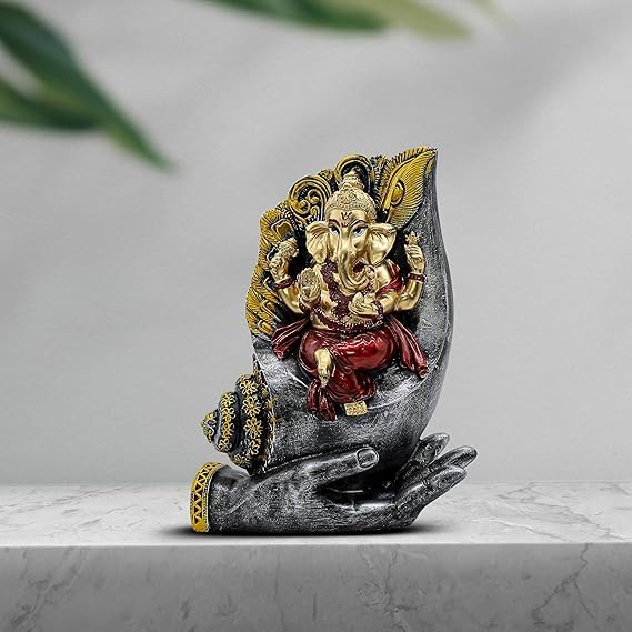 Lord Ganesha Statue on Palm Hand  Gold and Red, 8.5 x 7 inch  Handmade Hindu Idol, Spiritual Home Decor, Pooja Room Figurine