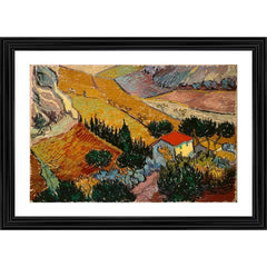 Generic House and Ploughman 1889 Painting With Wood Photo Frame (Multicolor)