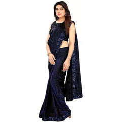 Generic Women's Lycra Floral Saree With Unstitched Blouse (Blue, 5.5 Mtr)