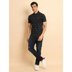 Generic Men's Casual Cotton Printed Polo Neck Half Sleeve T-Shirt (Black)