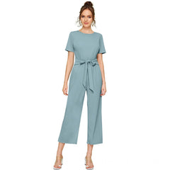 Generic Women's Knitting stretchable Solid Round Neck Cap Sleeve Jumpsuit (Pista )