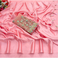 Generic Women's Satin Solid Saree With Unstitched Blouse (Pink, 5-5 Mtrs)