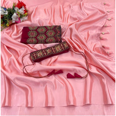 Generic Women's Satin Solid Saree With Unstitched Blouse (Pink, 5-5 Mtrs)