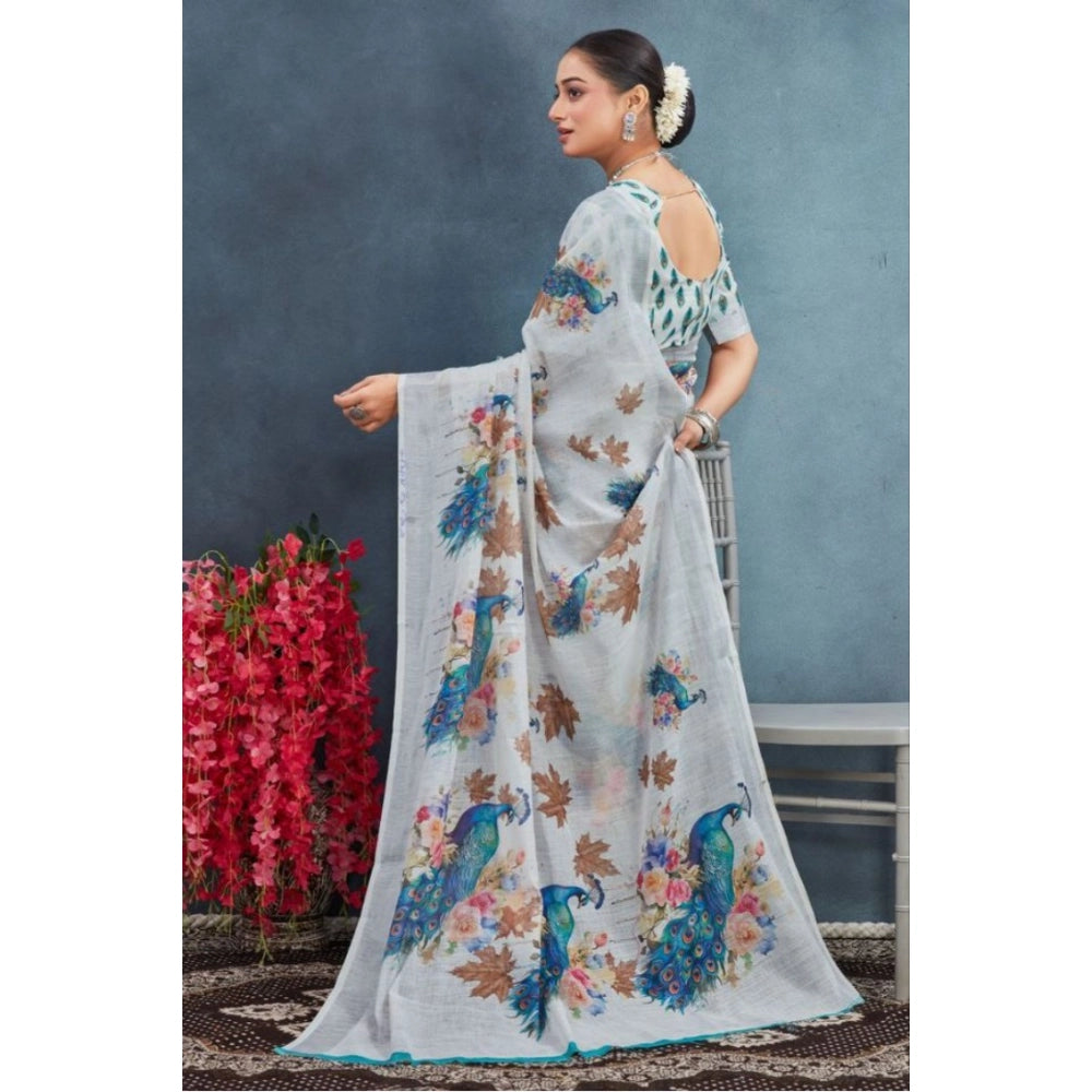 Generic Women's Linen Floral Printed Saree With Unstitched Blouse 5.5Mtr (Off-White)