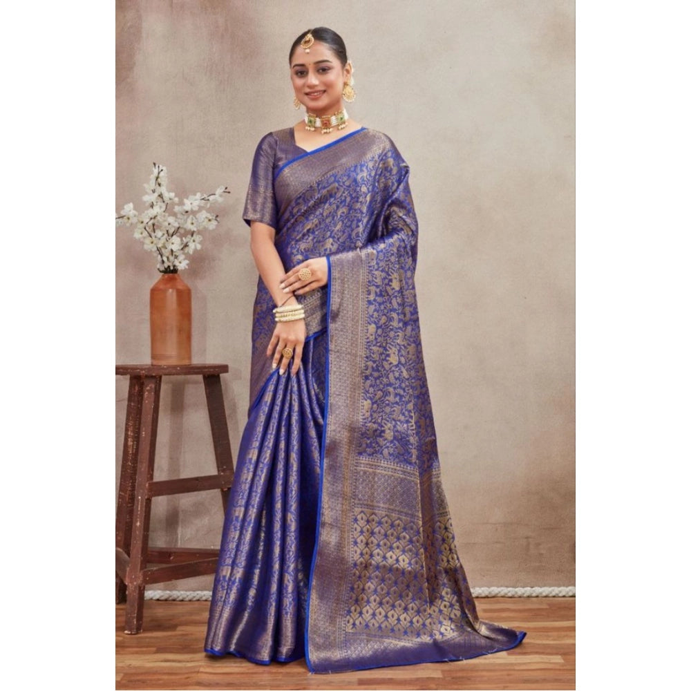 Generic Women's Silk Blend Floral Printed Saree With Unstitched Blouse 5.5Mtr (Royal Blue)