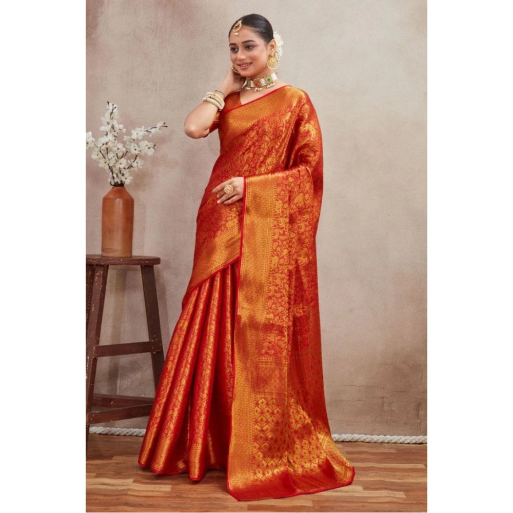 Generic Women's Silk Blend Floral Printed Saree With Unstitched Blouse 5.5Mtr (Red)
